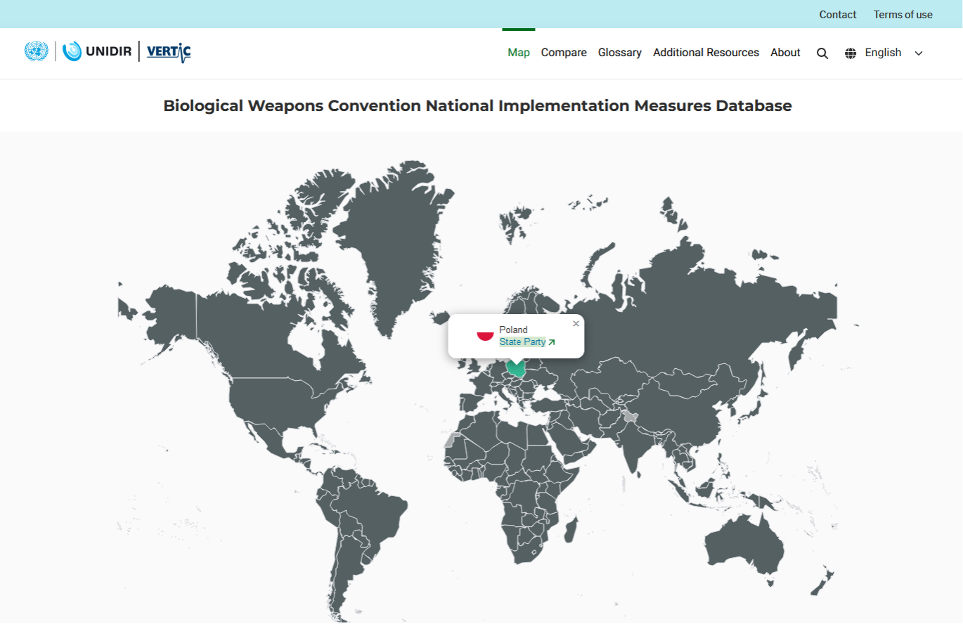 A screenshot from the Biological Weapons Convention (BWC) National Implementation Measures Database Interface.