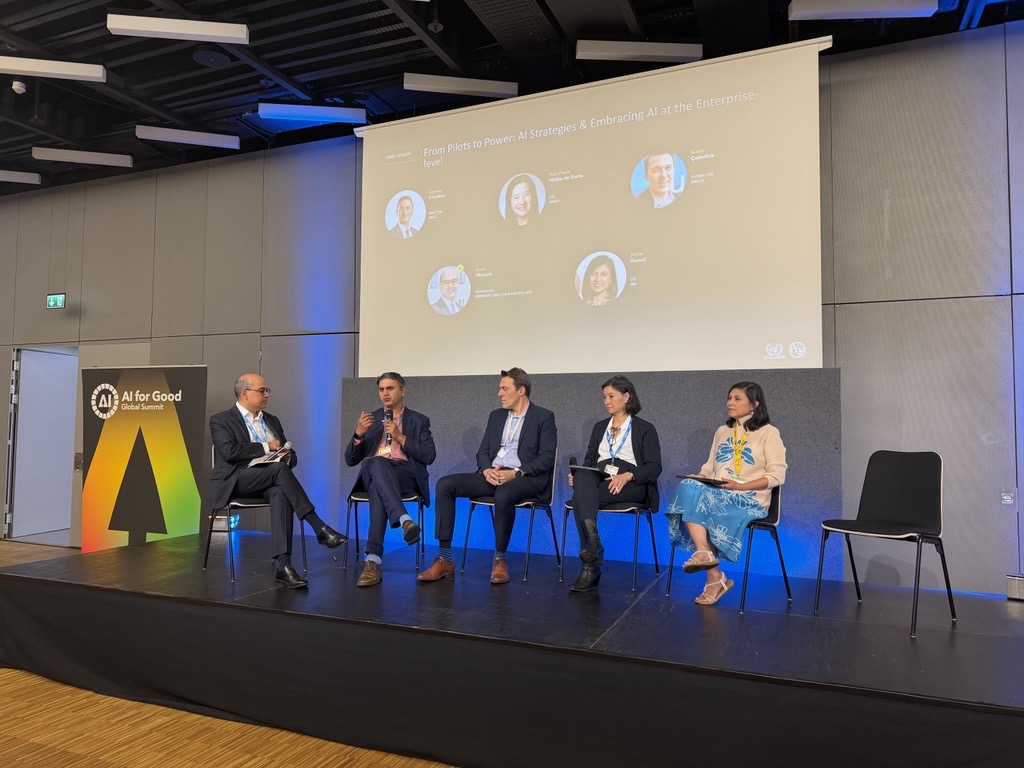 UNICC Director Sameer Chauhan speaks during the UN CIO Forum panel, "From Pilots to Power: AI Strategies & Embracing AI at the Enterprise-level," at the AI for Good Global Summit 2026, alongside fellow panelists discussing enterprise AI adoption and digital transformation.