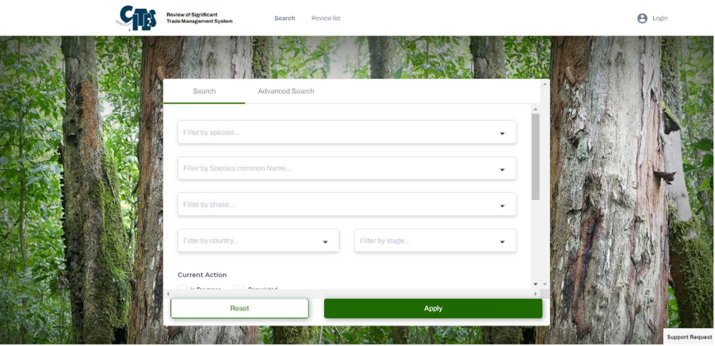 Screenshot of the RST Tracking and Management System, an essential tool helping CITES Parties to track the RST process and provides an easy-to-use platform for communication.