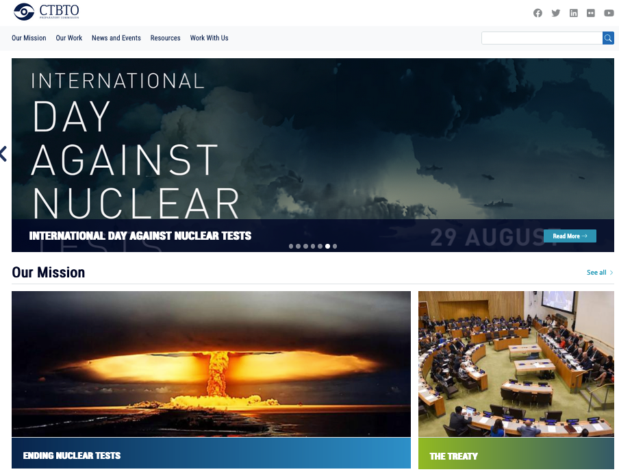 Screenshot of refreshed CTBTO website homepage. 