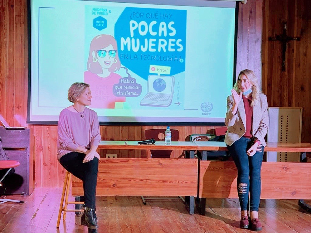 Ana Ferrandiz and Esther Ferrer Presenting on a stage