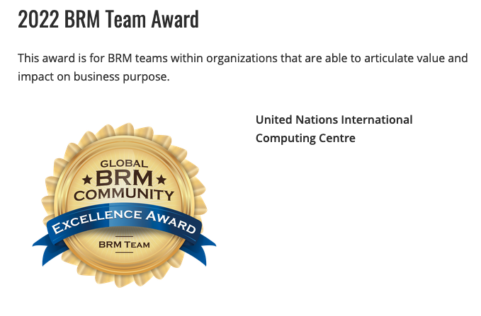 BRM Institute Community Excellence - Team Award 2022 awarded to UNICC. 