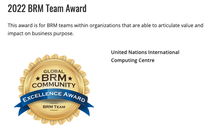 BRM Institute Community Excellence - Team Award 2022 awarded to UNICC.