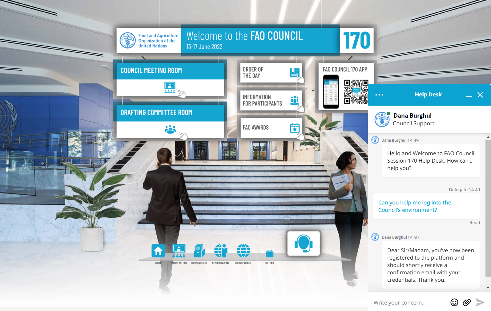 Screenshot of platform set up by UNICC and the Food and Agriculture Organization (FAO) to plan, set up, and integrate a reliable, scalable and user-friendly virtual conference platform for FAO’s 170th Council session.