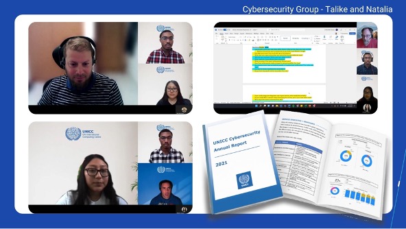 Virtual meeting Break Through Tech Sprinterns and mock up of Cybersecurity Report